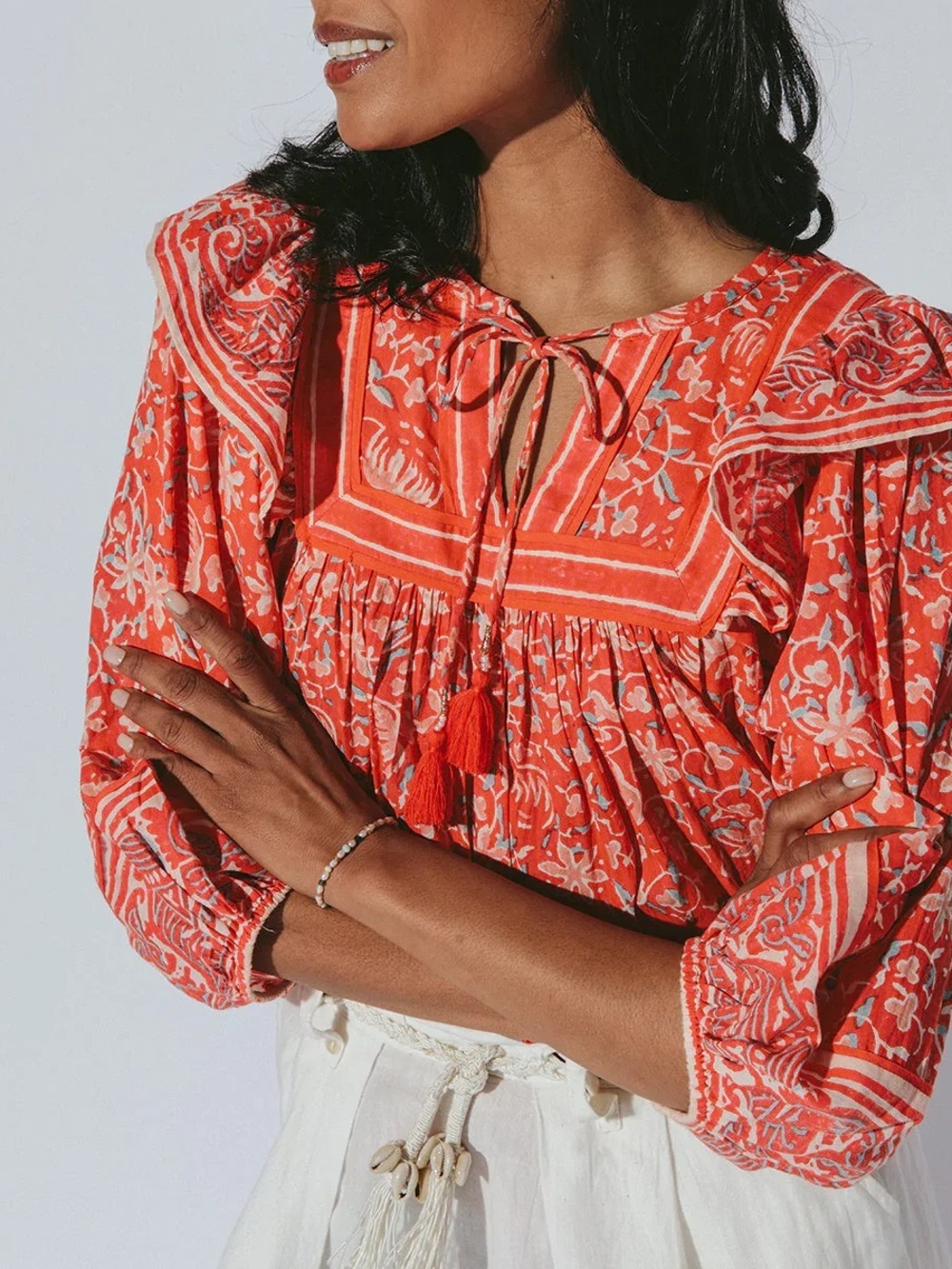 Cleobella Mylah Blouse Red Floral Block Print Tassel Tie Ruffle Boho Top Size M
